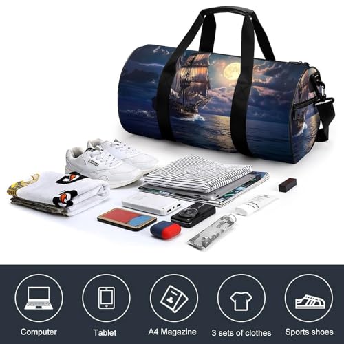Boat Seascape And Moon in The Sky Sports Gym Bag Travel Duffel Workout Bag with Adjustable Strap4
