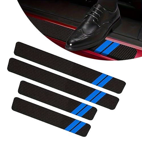 Polcatay 4 PCS Door Sill Protector, Carbon Fiber Leather Anti-Scratch Protective Sticker, Personalized Stripe Decoration for Door Entry Trunk, for Most Cars Trucks Self-Adhesive Decals (Blue)