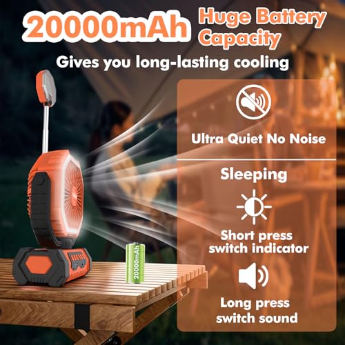 Camping Fan with Led Lantern, 20000mah Rechargeable Battery Portable Fan, 4 Speed with Remote, Auto Oscillation, 360° Rotation Hook, for Camping, Power Outage,Hurricane, Home (Orange) - image 6