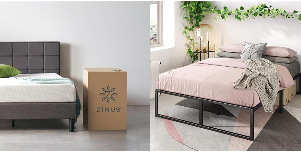 Zinus 8” Green Tea ActivFresh(R) Memory Foam Mattress, Bed-in-a-Box with Compact & Lorelai 14 Inch Metal Platform Bed Frame, Mattress Foundation with Steel Slat Support, No Box Spring
