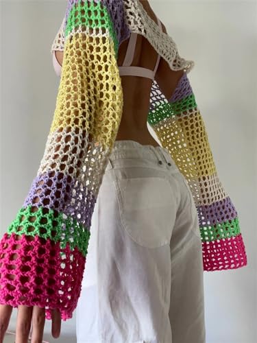 Image of hathne Women's Crochet Crop Top Shrug Y2K Hollow Out Mesh Knit Long Sleeve Sweater, Sexy Beach Bikini Cover Up