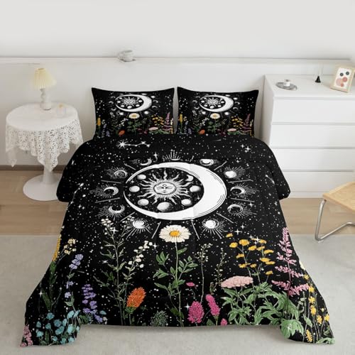 Image of Feelyou Sun and Moon Bedding Set Full Size Constellations Comforter Set for Kids Boys Girls Galaxy Astrology Branches Plants Comforter Black and White Quilt Set with 2 Pillowcases
