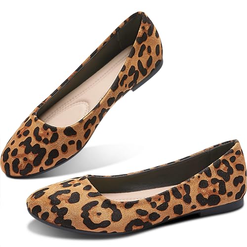 Obtaom Womens Textile Round Toe Ballet Flats Animal Print Business Casual Slip ons Cheetah Print Classic Fabric Working Shoes(Leopard US9)