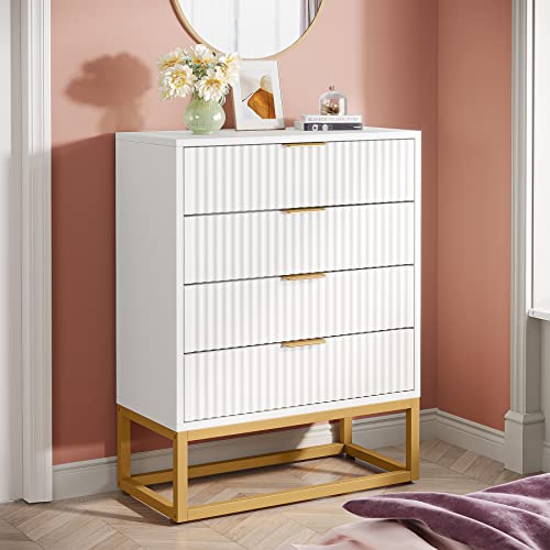 Tribesigns 4 Drawers Dresser, Modern Dressers For Bedroom, White Gold Dresser With Fluted Panel And Metal Frame, Wood Storage Chest Of Drawers For Kids Bedroom, Nursery, Closet(1Pcs) #TOP16