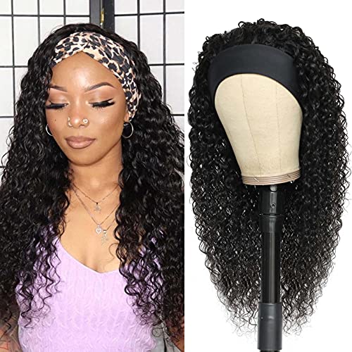 Headband Wigs for Black Women Human Hair Kinky Curly, Headband Wig Human Hair Glueless, None Lace Black Half Wigs with Headband Attached Natural (22Inch)
