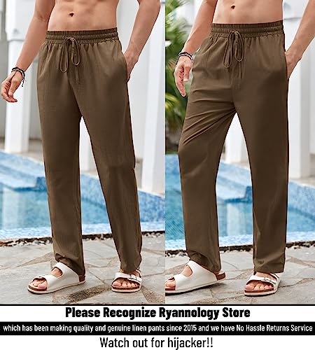 Enjoybuy Men's Linen Drawstring Beach Golf Elastic Waist Spring Long Casual Loose Summer Yoga Cotton Pants, 02-brown, Large2
