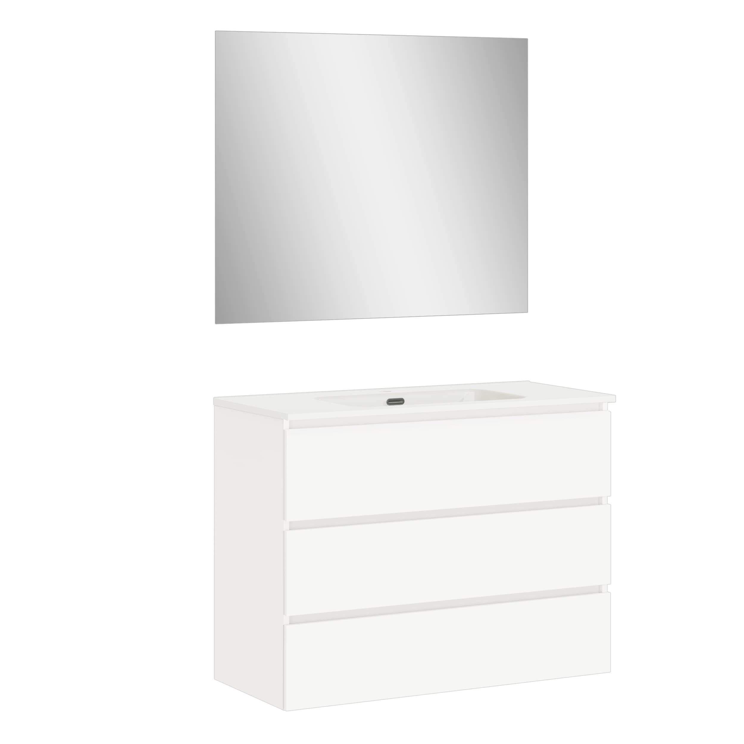 Baikal | Conjunto Completo de Mueble de Baño Suspendido a la Pared con Lavabo Cerámico y Espejo | Tres Cajones, Cierre Amortiguado, Melamina 16mm | Mueble MONTADO | Blanco Mate | 100cm