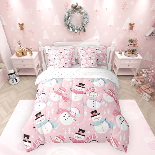 Feelyou Pink Christmas Bedding Set 7 Pieces King Size Snowman