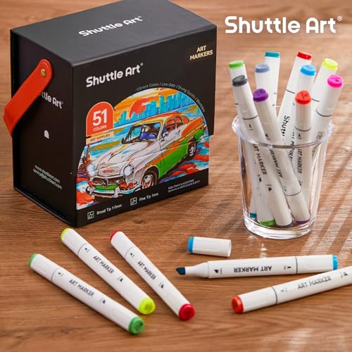 Image of SHUTTLE ART 48 Colors Dual Tip Art Markers,Permanent Marker Pens Highlighters with Case Perfect for Illustration Adult Coloring Sketching and Card Making,Multicolor
