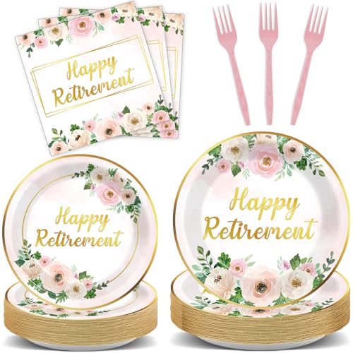 96Pcs Flower Retirement Party Decorations for Women White Peony Happy Retirement Plates Tableware Pink Gold Floral Retirement Dinnerware Napkin for Goodbye Going Away Farewell Party Supplies 24 Guests