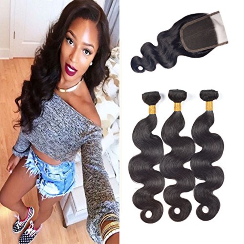 Ali AMY Human Weave Hair 3 Bundles Body Wave With a Lace Closure Free Part (16,18,20+ 14Inch) Unprocessed Virgin Brazilian Hair Weave Bundles Natural Color
