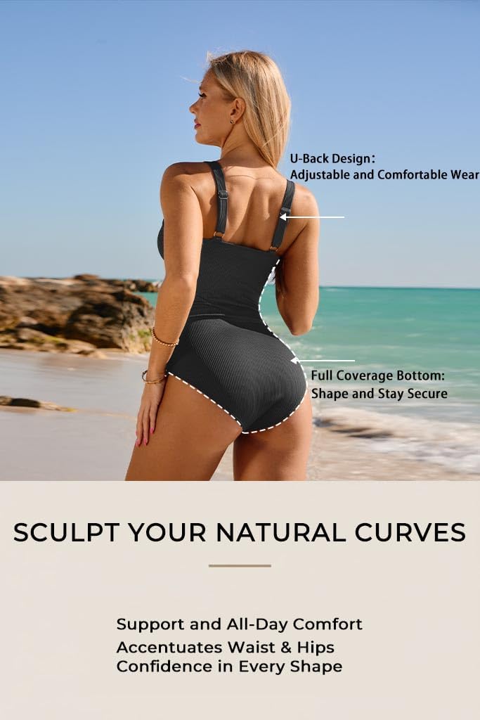 Daci Women Ribbed One Piece Swimsuits Tummy Control Full Coverage Bathing Suit Cute Button Up Ruched Modest Swimwear - Image 3