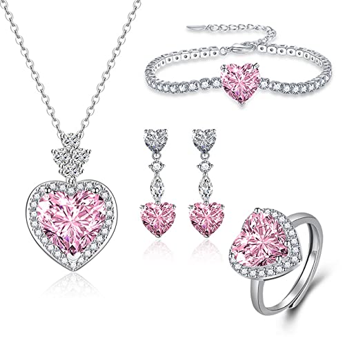 Wycian Schmuckset Herz Silber, Halskette Ohrringe Set Schmuckset Zirkonia Herz Schmuckset 4 Teilig Armband Halskette mit Ohringe und Ring Cover