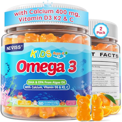 Kids Omega 3 Gummies + Calcium 400mg + Vitamin D3 K2 + C Omega-3 DHA & EPA Supplement - No Fish Burps No Sugar - Kids & Teens Omega 3 + Multivitamin Gummy for Strong Bones Brain Immune Eye 2Pack