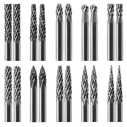 Image of Tungsten Carbide Burr Set 1 /8 (3 mm) Shank, Die Grinder Bits, 20 PC Cutting Burr Bits, Carving Bits for Dremel, Double Cut Rotary Burr Set for Metall Carving, Engraving, Drilling, Polishing