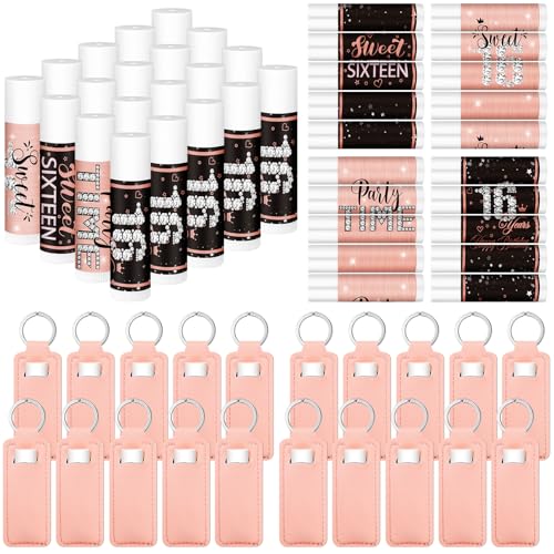 Heigble 20 Sets Sweet 16 Party Favors Pink and Black Lipstick Bulk with Lip Balm Holder Keychain Lip Balm Lipstick Sleeve for Teen 16th Birthday Decorations Guest Gifts Supplies