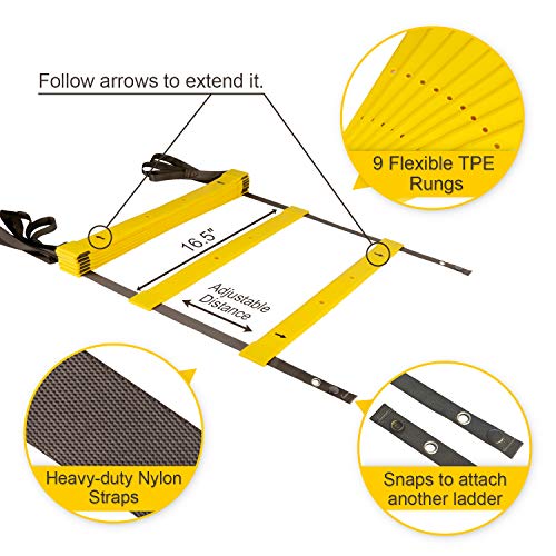 XGEAR Speed Agility Training Set - Indoor Outdoor TPE Adjustable Rungs Agility Ladder, Resistance Parachute, 4 Steel Stakes, 12 Disc Cones - Kit for Soccer, Lacrosse, Hockey, Basketball Drill