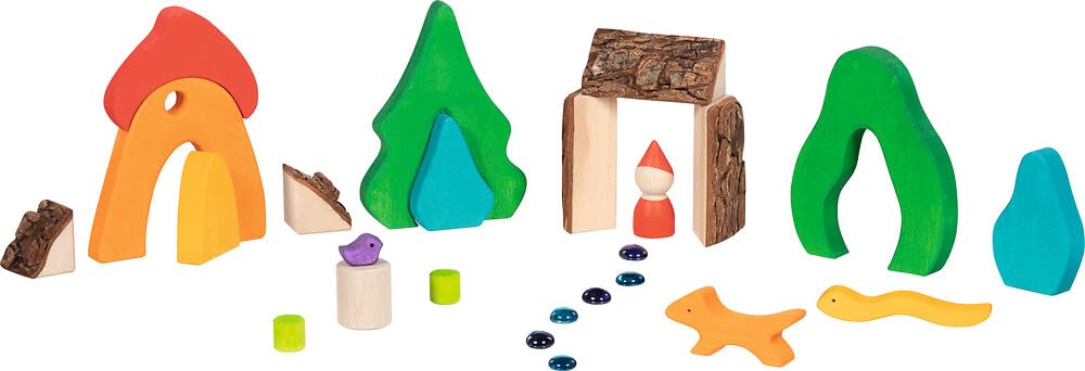 goki 58303 – Juego de bloques de construcción Evolution, 25 piezas, madera con ladrillos de corteza y piedras de cristal, paisaje de cuento de hadas para jugar imaginativamente, fabricado en Europa