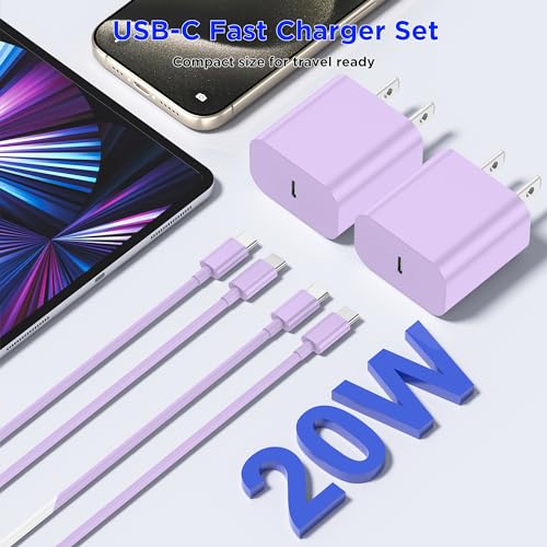 Image of iPhone 17 16 15 Charger Fast Charging,2Pack 20W Apple iPad USB C Wall Chrager Block with 6FT USB C to C Cable for iPhone 17 /Pro /Pro Max /17 Air / 16 /16 Pro /16 Pro Max /15 /Plus /Pro /Pro Max (Purple)