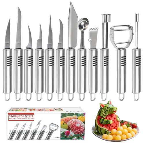 Burlihome 12 Pack Vegetable And Fruit Carving Tools, Chef Garnish Tools, Melon Baller Scoop Set, Lemon Zester, Vegetable Peeler, Apple Corer, Stainless Steel Carving Knife Set For Fruits
