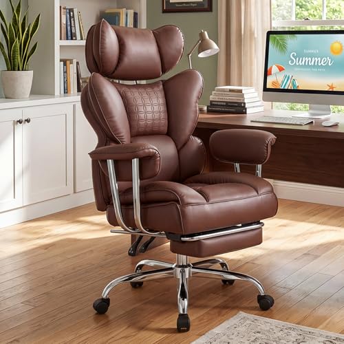 Image of DUMOS Big and Tall Office Chair 400 LBS, Scratch-Resistant PU Leather Executive Office Desk Chair with Footrest, Ergonomic Reclining Computer Chairs with Pocket Spring Support, Brown