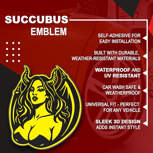 Image of Succubus Emblem, Devil Girl Demon Goddess 3D Badge, Dark Gothic Lilith Style Auto, Custom 3D Exterior Automotive Accessories, Universal Fit for Car, Truck, SUV (Set of 2) (Yellow)