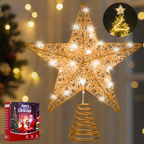 WHOLEV Estrella de Árbol de Navidad Oro Rosa, 25CM con 20 Luces LED, Estrella Superior Decorativa con Brillo, Adorno Luminoso de Navidad para Decoración del Hogar, Fiesta y Oficina