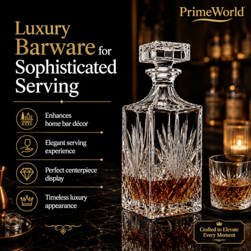 Image of PrimeWorld Whiskey Decanter - Irish Cut | 750 ml Glass Decanter for Scotch, Bourbon, Vodka, Wine & Liquor | Elegant Barware Set of 1