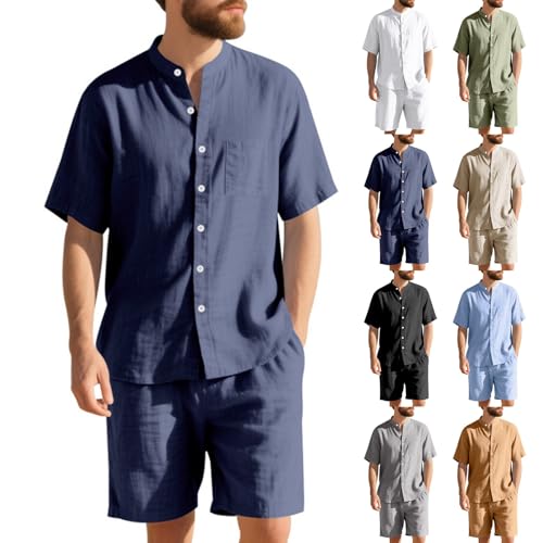 Mens 2 Piece Linen Sets Summer Beach Vacation Outfit Cuban Old Money Clothes Hawaiian Henley Shirt & Shorts Suits Longuewear(A01 Navy,Small)