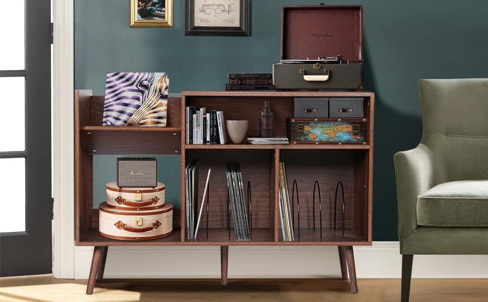 Miniatura 6 de affeivul Soporte moderno de mediados de siglo mesa de almacenamiento de discos de vinilo con patas de madera soporte para tocadiscos soporte para