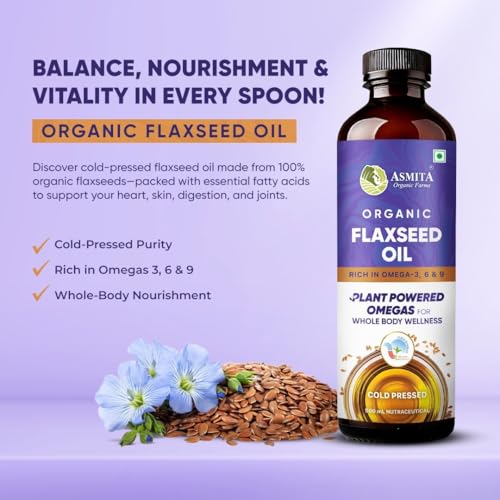 Image of Asmita Organic Farms Cold Pressed Flaxseed Oil, 500ml | Organic, Unrefined Flaxseed Oil for Cooking, Health, Skin, and Hair | Rich in Omega-3 & Antioxidants