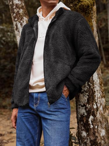 Runcati Mens Fuzzy Sherpa Jacket Cardigan Fleece Long Sleeve Full Zip Open Front Thermal Coat Fall Winter Outwear3