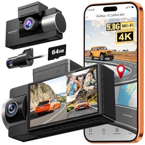 WOLFBOX i17 4K 3 Channel Dash Cam, 5.8GHz WiFi & GPS with 64GB Card, 4K+1080P+1080P Dash Cam Front and Rear Inside, Triple Car Camera with 3 Inch Screen, IR Night Vision, WDR, 24H Parking Mode