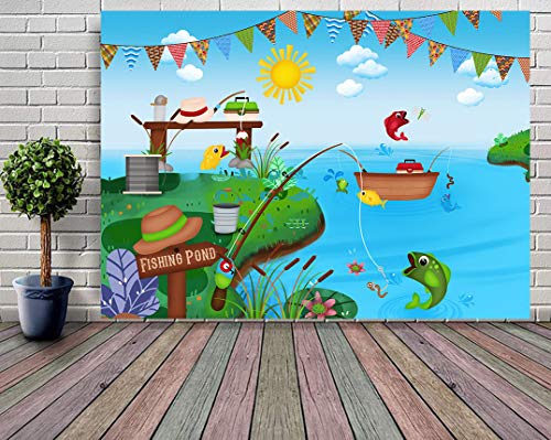 Summer Nature Pond Backdrop Fishing Rod Reel Fish Baby Shower Birthday Party Banner Supplies Kids Boys or Girls Cake Table Background Photo Studio Booth Props