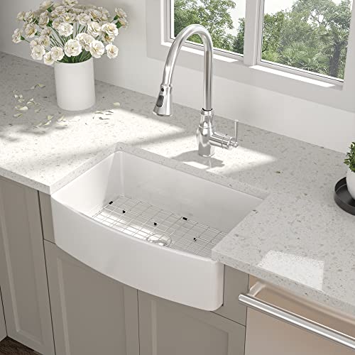 33 Inch White Farmhouse Sink - Beslend Curved Apron Front Single Bowl Farm Kitchen Sink, Large & Deep Ceramic Porcelain Fireclay Farm Sink Basin With Bottom Grids & Strainers #TOP1