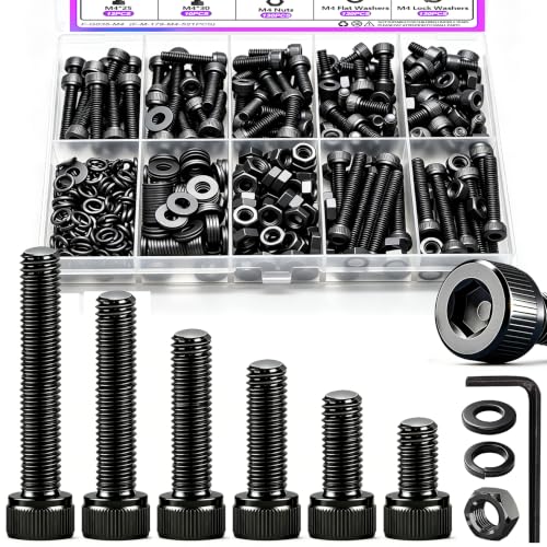 Taiss 380PCS M4 Screw Kit M4x6/8/12/16/20/30mm 6 Size Hex Socket Head Cap Screws,M4 Bolts and Nuts &amp; Washers Assortment with Hex Wrench 12.9 Grade Alloy Steel Black Zinc Plated Small Metric Screws