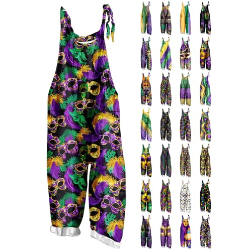YRAETENM Mardi Gras Jumpsuit for Women Baggy Adjustable Strap Wide Leg Overalls Sleeveless Printed Rompers Festival Outfits