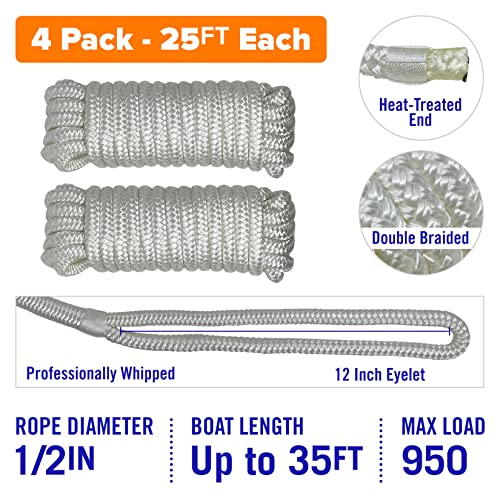 Image of Dock Lines for Boats 1 /2 inch x 25ft, 2 Pack Double Braided Nylon Boat Rope | 12 inch Loop, Marine Grade Mooring Line for Docking, White, Better Boat