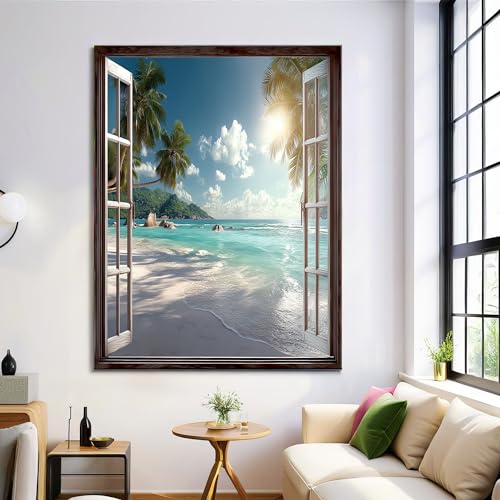 Ventana De Playa Tropical Lienzo Arte Pared, Cuadros En Lienzo De Pintura Al Paisaje Realista, Arte De Pared Azul, Lienzos Decoración Para Salón Despacho Dormitorio Sin Marco, 80×120 cm