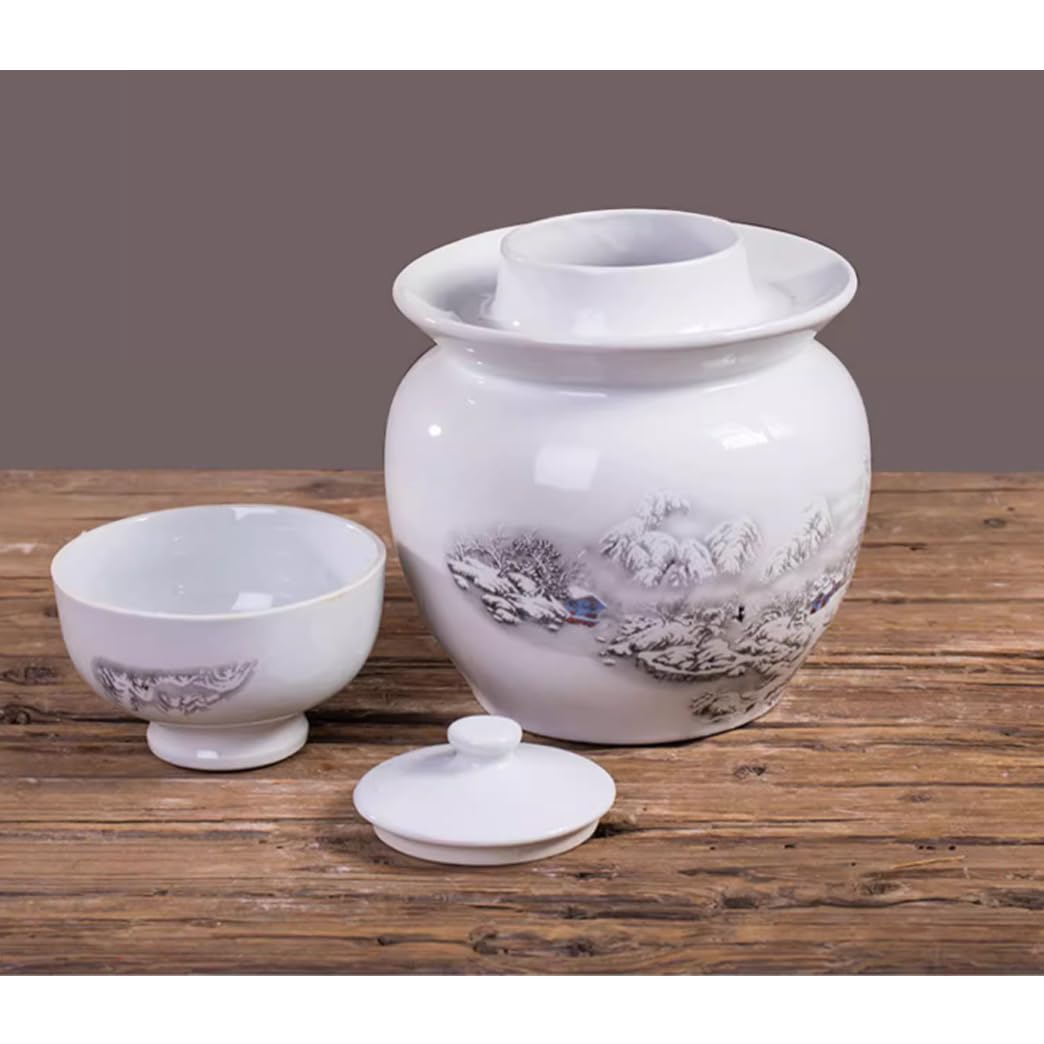 Ceramiczny słoik na ogórki z pokrywkami, duży tradycyjny chiński porcelanowy słoik na ogórki, ceramiczny garnek do fermentacji z pokrywką z uszczelką wodną, biały garnek do kiszen(Biały-5L