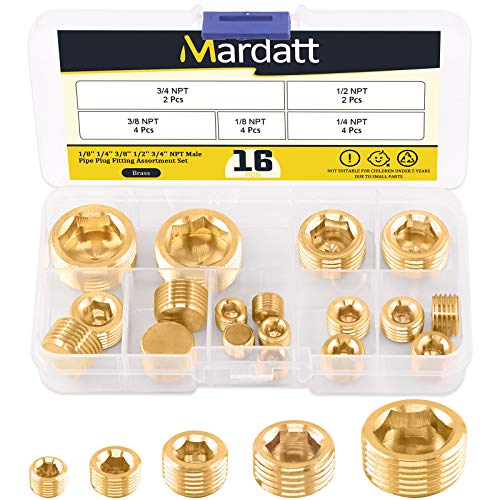 Mardatt 16Pcs 5 Sizes Brass NPT Plug Assortment Kit, 1/8" 1/4" 3/8" 1/2" 3/4" Internal Hex Counter Sunk Pipe Fitting Male Thread Pipe Plug Set