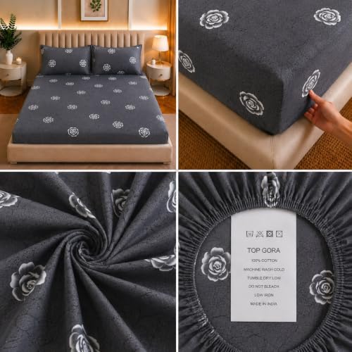 Image of Castiqa Elastic Fitted Supersoft Premium Polycotton 200TC King Size Bedsheets with 2 Pillow Covers | No Slip Bedsheet | (Gray Petals, King (72x78 Upto 10 inch Mattress))