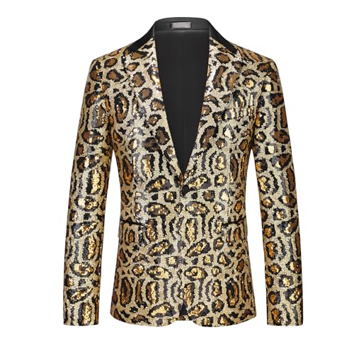 MOGU Men's Sequin Jacket Leopard Print Sparkly Glitter Blazer Shiny Dress Tuxedo Sport Coats for Party Prom Dinner Stage Club Size L Gold