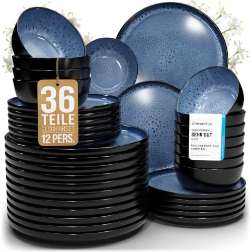 Steingut Geschirrset 12 Personen Ibiza 36 tlg. TESTSIEGER, Traumhaftes Mediterranes Steingut Geschirr Set, Schüssel- und Teller Set, Tafelservice 12 Personen, Geschirrsets Pure Liv