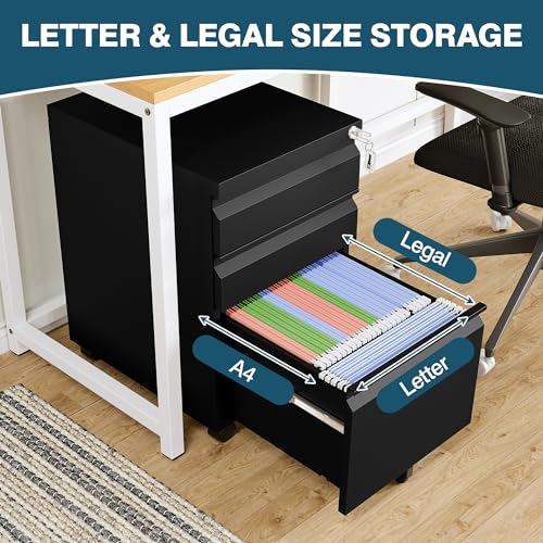 Image of MIIIKO 3 Drawer File Cabinet on Wheels, Home Office Mobile File Cabinet Under Desk, Full Assembled Metal Filing Cabinets with Lock for Legal /Letter /A4 File Folders