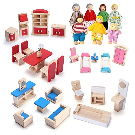 Dollhouse Furniture Wooden Doll House Furnisher 5 Set and 7 Family Dolls, Doll Wood Accessories and Furnishings for 1:12 Scale Miniature Dollhouse, Family Figures Pretend Play Toy