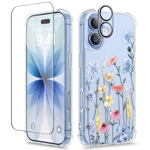 GVIEWIN for iPhone 17 Case, with Screen Protector+Camera Lens Protector, [NonYellowing] Clear Floral Slim Shockproof Protective Hard PC Back Women Phone Case for iPhone 17 6.3", Aconite/Light Blue