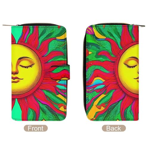 PU Leather Wallet with 12 Card Slots, Women Men Portable Wallets Multi-Functional Purse for Work, Travel, Trippy Sun Art Elegant Large Capacity Wallet3