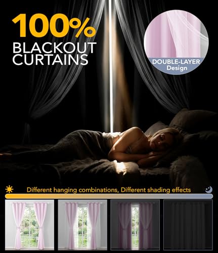 Image of 100% Blackout Curtains with Sheer, Purple, 52 x 108 inch, 2 Panels
