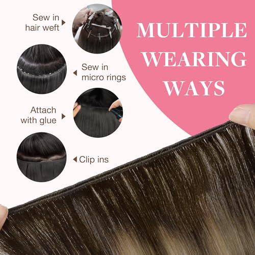 Image of GOO GOO Sew in Hair Extensions Real Human Hair, Weft Hair Extensions Human Hair, 4 /27 /4 Balayage Chocolate Brown to Caramel Blonde 14inch 100g, Weft Bundles Straight Silky Remy Hair